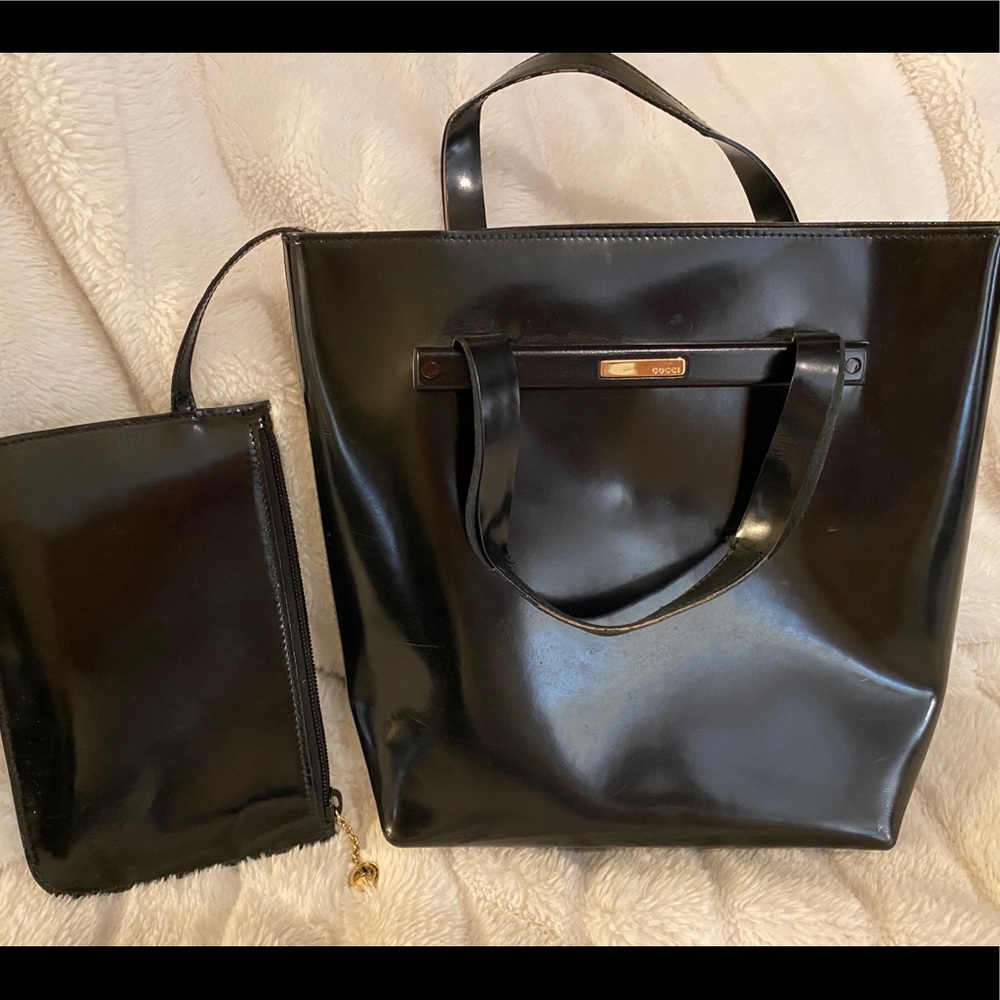 RARE Gucci Vintage Glossy Black Leather Tote - Picture 5 of 15